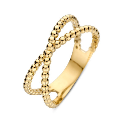 Crossover ring glanzend 14-karaat gouden bolletjes 7 mm breedte