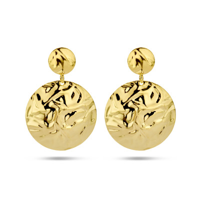 Oorhangers rond gold plated glanzend gehamerd rond - 27 mm breed x 39 mm hoog