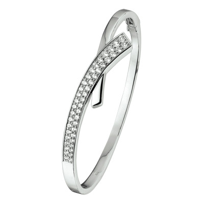 Zilveren bangle 925 glanzend transparante zirkonia 12 mm breedte - Diameter 60 mm