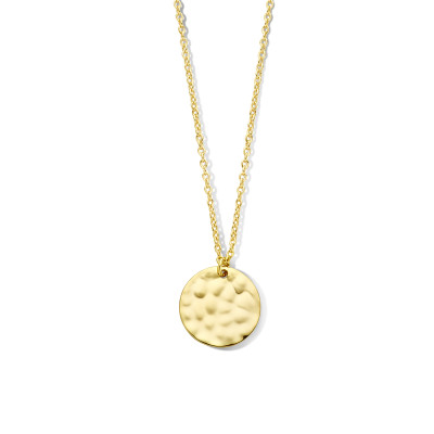 Ketting gold plated met ronde hanger gehamerde textuur - Lengte 42-46 cm