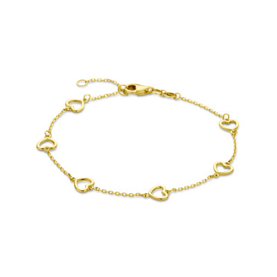 Schakelarmband open hartjes 14-karaat goud glanzend 8 mm breedte - Lengte 17-19 cm