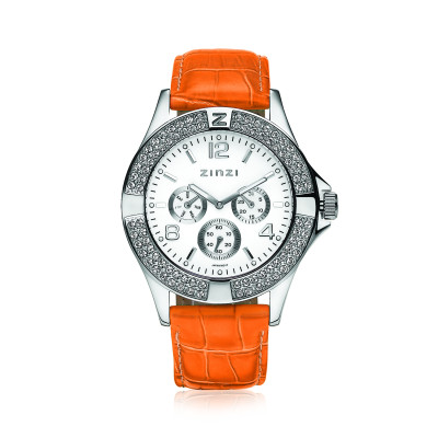 Zinzi UNO12 dameshorloge zilverkleurig staal oranje leren band - Ø 44 mm