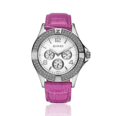 Zinzi UNO9 horloge zilverkleurig staal roze lederen band Swarovski kristal - Ø 44 mm