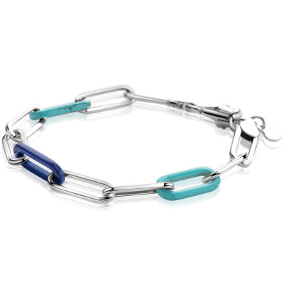 Zinzi Chain ZIA2456 paperclip schakelarmband zilver turquoise blauw 7 mm breedte - Lengte 19 cm
