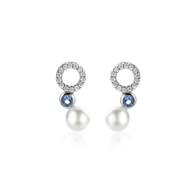 Zinzi ZIO2442 oorstekers zilver parel en zirkonia blauw - 6.6 mm breed x 15 mm hoog