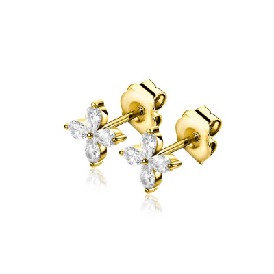 Zinzi ZIO2624 oorbellen gold plated bloemenpatroon transparante zirkonia's - 7.5 mm breed