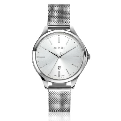 Zinzi ZIW1002M horloge zilverkleurig staal mesh band datumweergave - Ø 34 mm