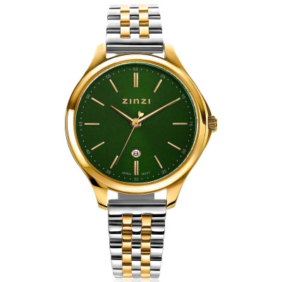 Zinzi ZIW1035 horloge gold plated staal wijzerplaat groen datumweergave Ø 34 mm