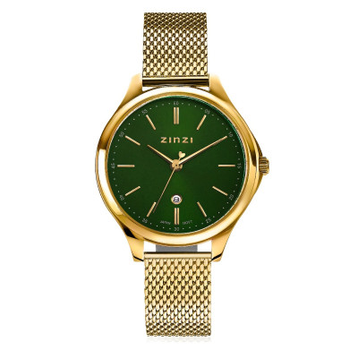 Zinzi ZIW1035M horloge gold plated staal mesh band groene wijzerplaat - Ø 34 mm