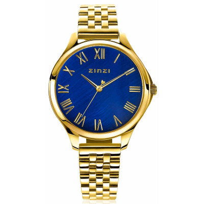 Zinzi ZIW1147 horloge gold plated staal blauwe wijzerplaat Romeinse cijfers - Ø 34 mm