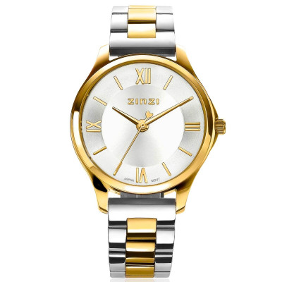Zinzi ZIW1233 verguld horloge quartz bicolor stalen band ronde zilverkleurige wijzerplaat