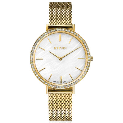 Zinzi ZIW1334 horloge gold plated staal mesh band parelmoer wijzerplaat - Ø 34 mm