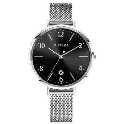 Zinzi ZIW1401 horloge zilverkleurig staal mesh band zwarte wijzerplaat datum - Ø 38 mm