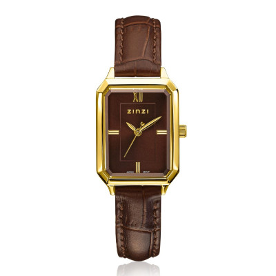Zinzi ZIW2536B horloge gold plated staal bruin leren band rechthoekige kast dames