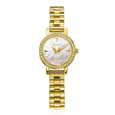 Zinzi ZIW3234 horloge gold plated staal schakelband zirkonia's, parelmoer wijzerplaat