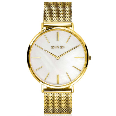 Zinzi ZIW448M horloge gold plated staal mesh band parelmoer wijzerplaat - Ø 38 mm