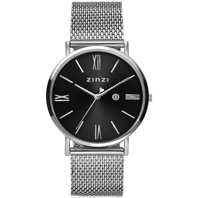 Zinzi ZIW501M horloge zilverkleurig staal mesh band zwart wijzerplaat datumfunctie - Ø 34 mm