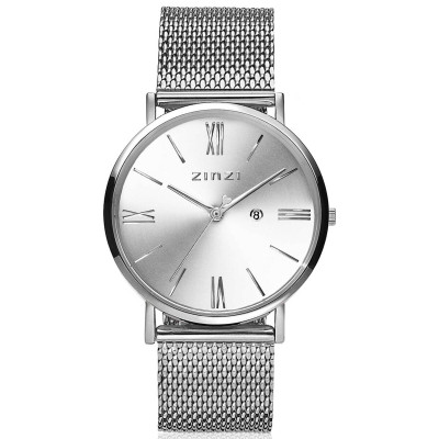 Zinzi ZIW502M horloge zilverkleurig staal mesh band datumweergave - Ø 34 mm
