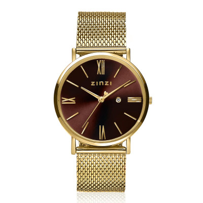 Zinzi ZIW536M horloge gold plated staal mesh band bruine wijzerplaat datum - Ø 34 mm