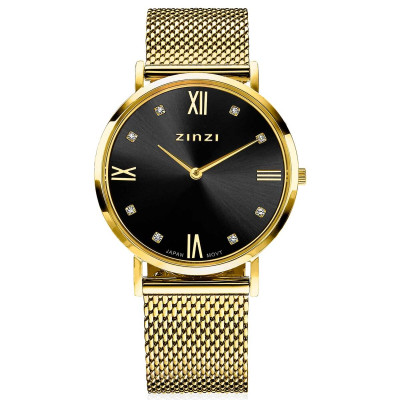 Zinzi ZIW543M horloge gold plated mesh patroon band zwarte wijzerplaat - Ø 34 mm