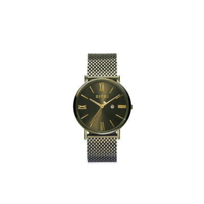 Zinzi ZIW544M horloge gold plated staal mesh band olijfgroene wijzerplaat datum - Ø 34 mm