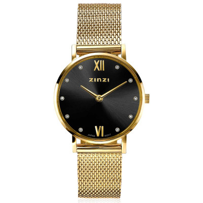 Zinzi ZIW643M horloge gold plated mesh band zwarte wijzerplaat zirkonia Ø 28 mm