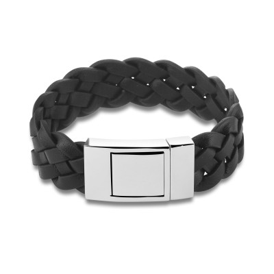 Zwarte gevlochten leren armband met zilverkleurige magneetsluiting
