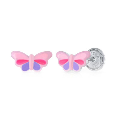 Lapetra LPOS0059 - roze vlinder kinderoorknopjes zilver en emaille - 8 mm breed