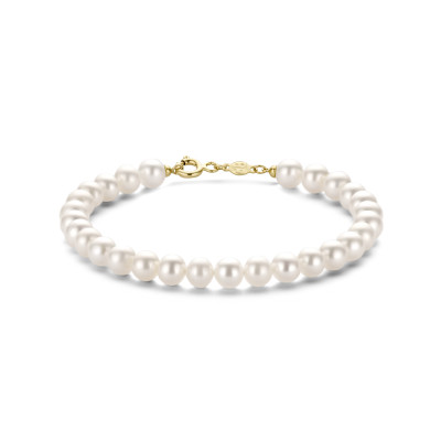 14-karaat gouden parelarmband met witte zoetwaterparels 6 mm - Lengte 19 cm