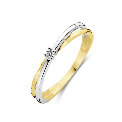 Bicolor solitair ring met diamant in 14-karaat geel- en witgoud