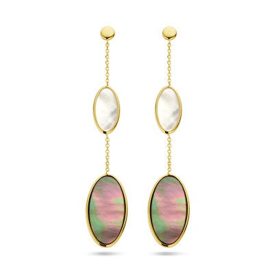 Ovale oorhangers parelmoer wit en grijsgroen 14-karaat goud - 12 mm x 70 mm