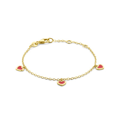 14-karaat gouden hartjes schakelarmband met rode emaille hangers