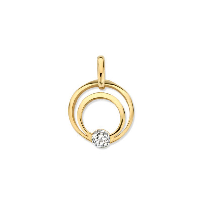 Gouden hanger met twee open cirkels en zirkonia 11 mm breed - Hoogte 16 mm